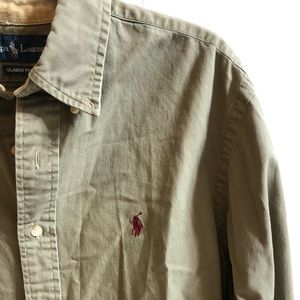 Ralph Lauren Olive Green Mens Button Down with Leather Elbow Patches